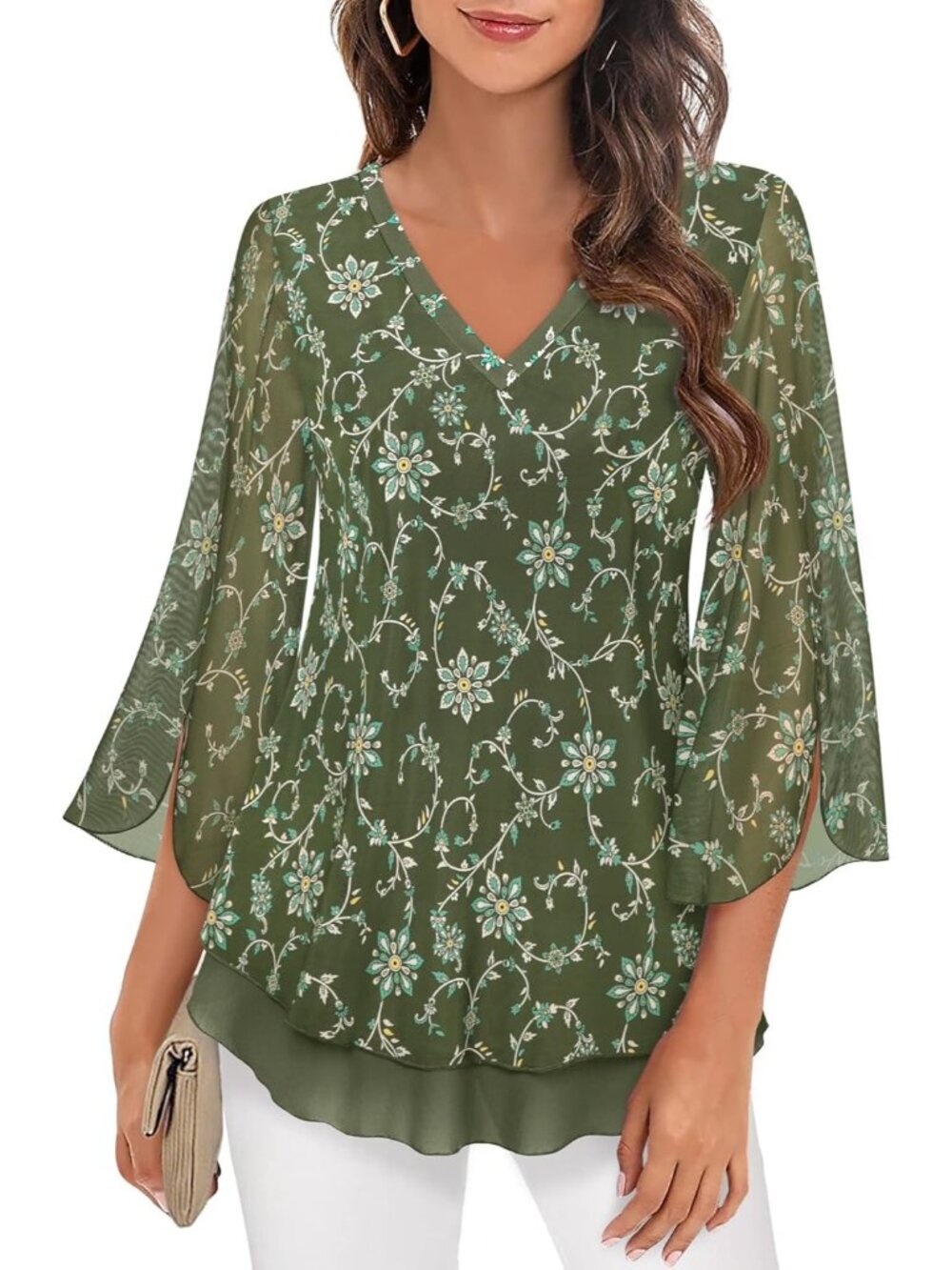 Women's Tops Moss Green 3/4 Sleeves Floral Shirts Double Layers V Neck Blouses